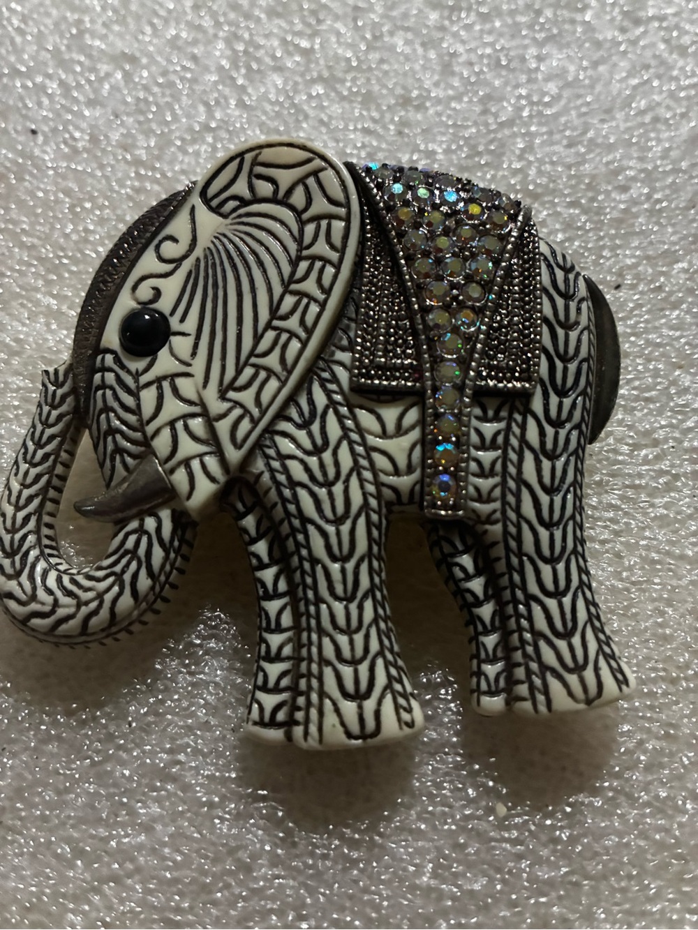 Ivory and Black Elephant Brooch with Rhinestone Saddle